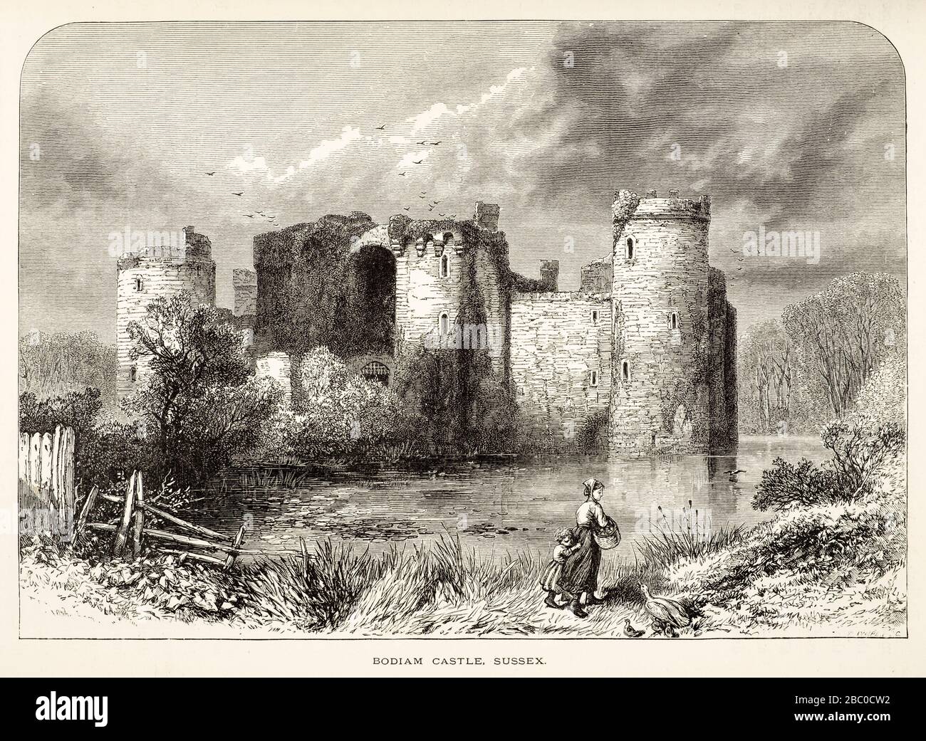 Antica incisione del 19th secolo del Castello di Bodiam, East Sussex, Regno Unito Foto Stock