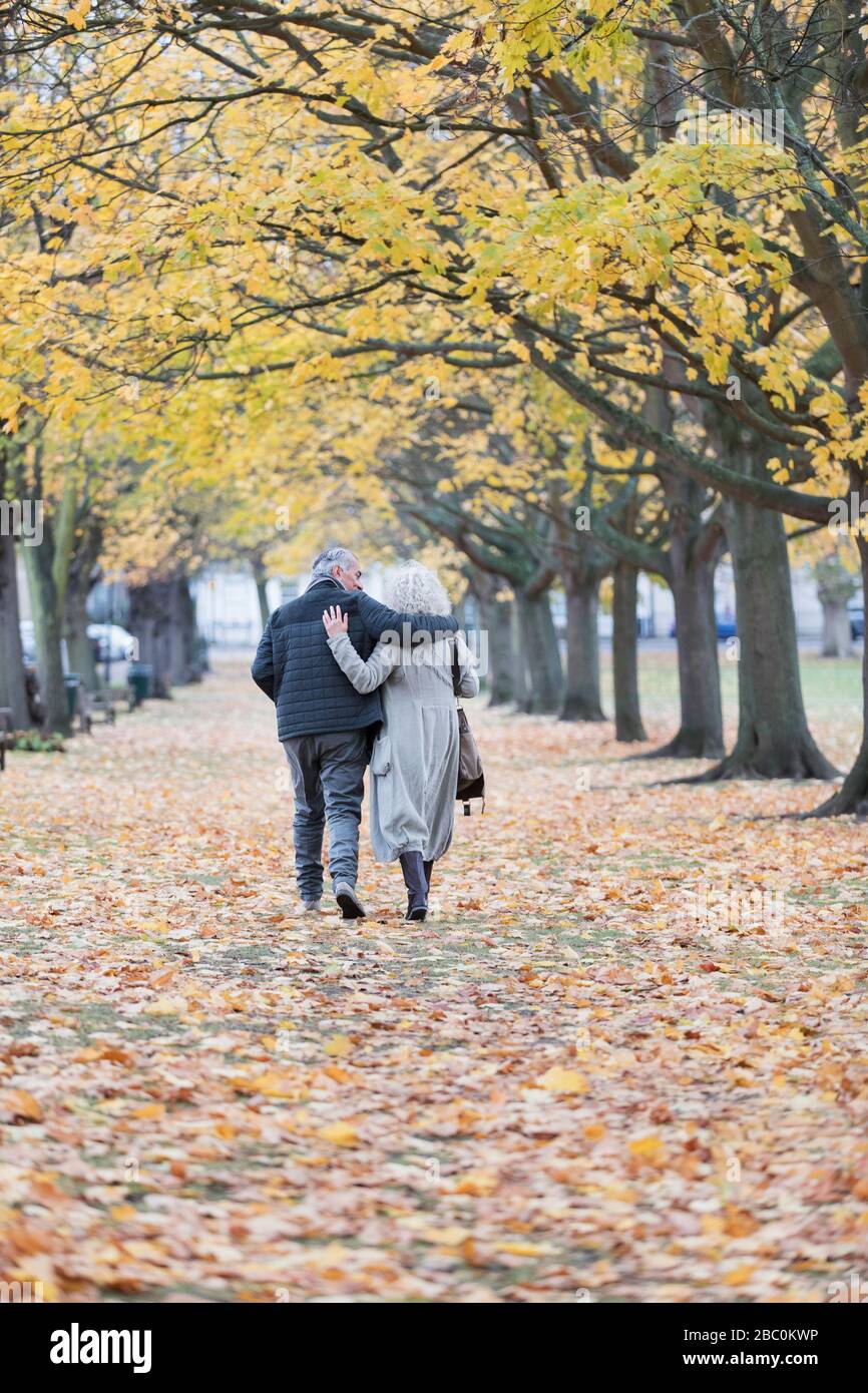 Affettuosa coppia abbracciare, camminare tra gli alberi e le foglie in autunno parco Foto Stock