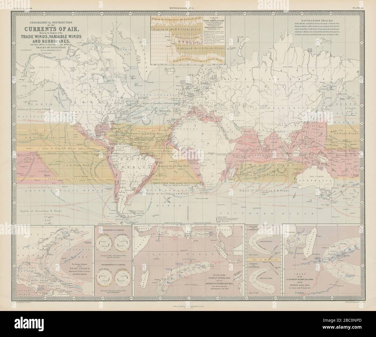 Distribuzione geografica delle correnti d'aria. Commercio venti & uragani 1856 vecchia mappa Foto Stock