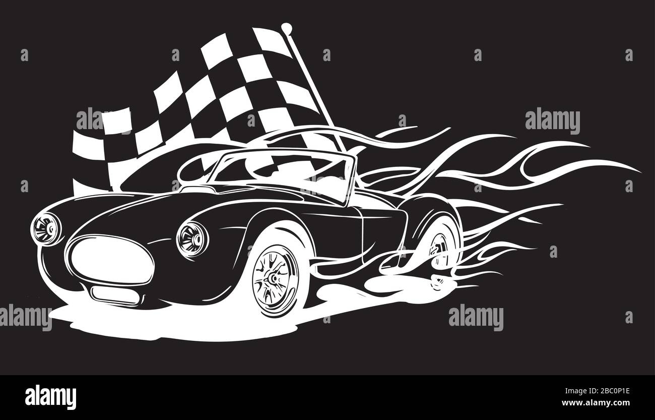 illustrazione di un'auto da corsa con bandiera a scacchi su sfondo nero Illustrazione Vettoriale illustrazione di un'auto da corsa con bandiera a scacchi su sfondo nero Illustrazione Vettoriale