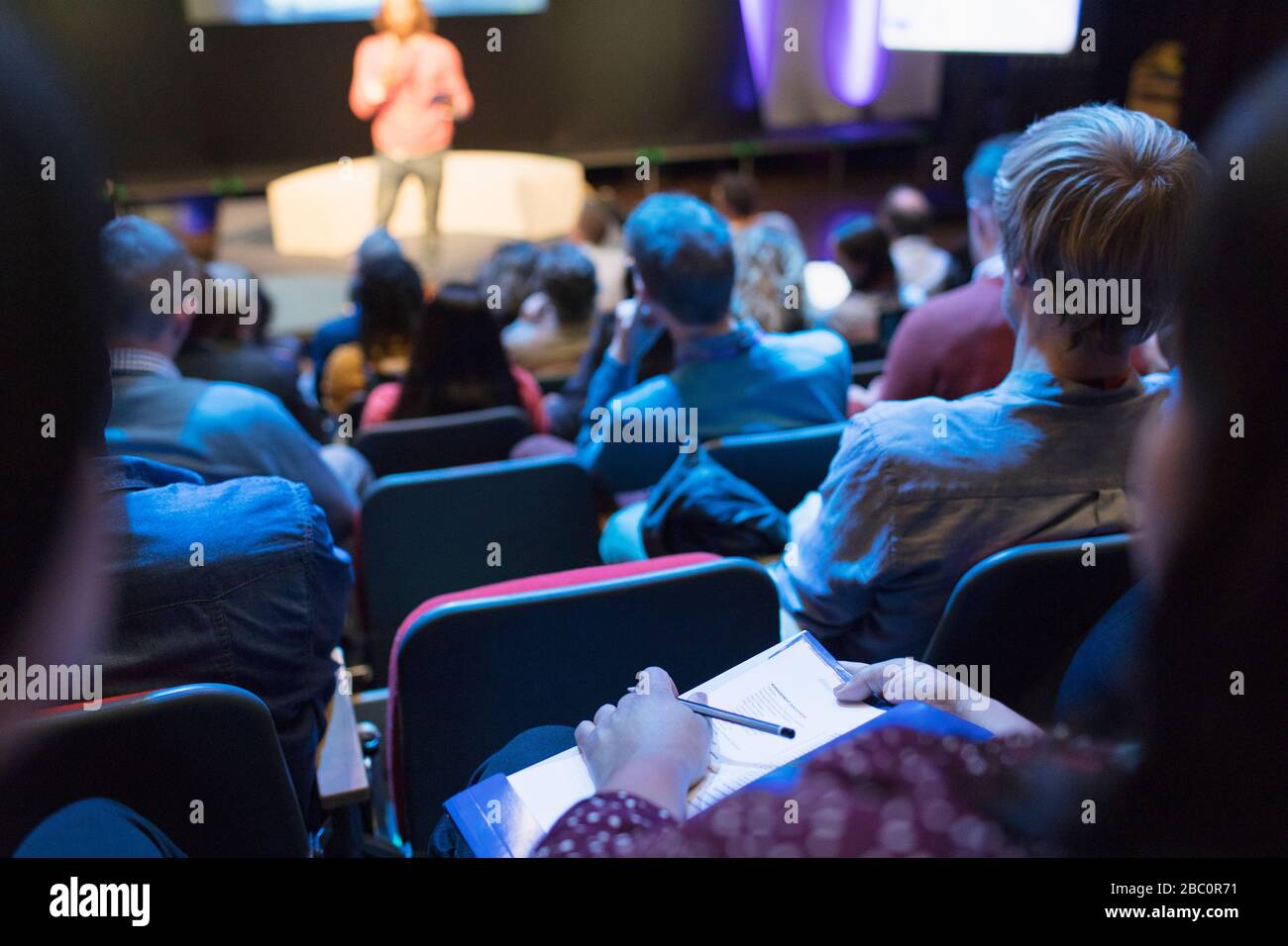 Il pubblico guarda il diffusore sul palco Foto Stock