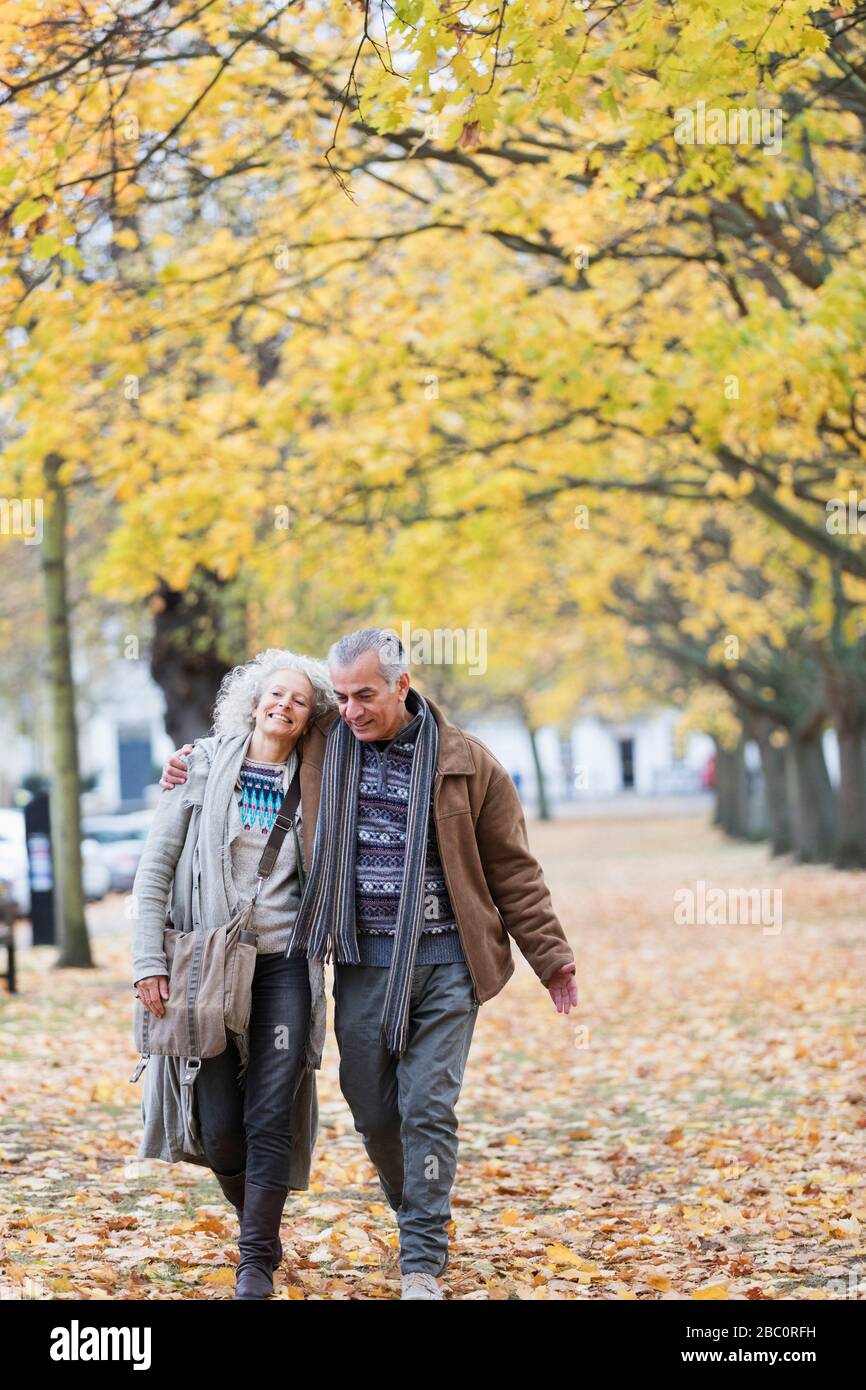 Affettuosa coppia senior camminando tra gli alberi e le foglie nel parco autunnale Foto Stock