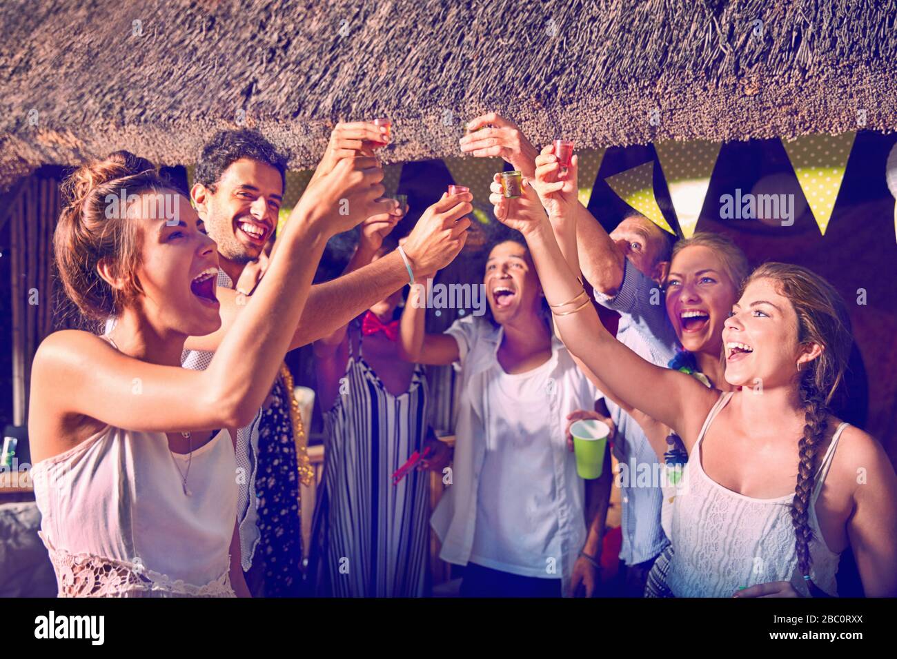 Giovani amici che celebrano bere bicchieri di alcol a festa Foto Stock
