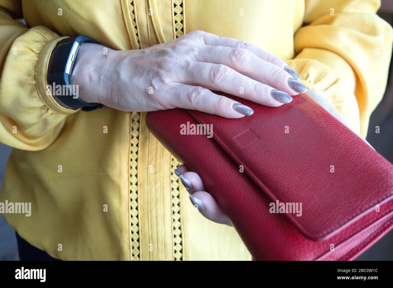 Donna che tiene spesso portafoglio pieno di contanti nelle sue mani Foto Stock
