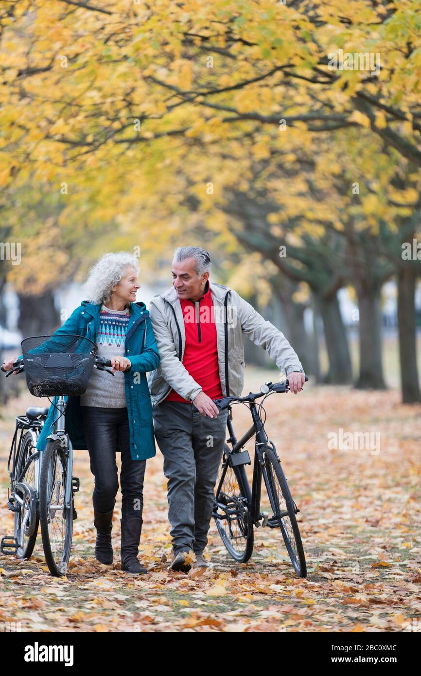Sorridente coppia senior a piedi biciclette tra gli alberi e foglie nel parco autunnale Foto Stock
