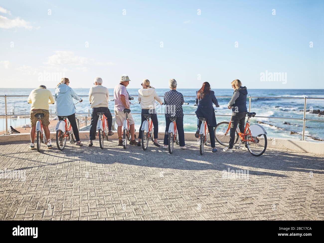 Attivi amici turistici senior su biciclette che guardano alla vista soleggiata dell'oceano Foto Stock