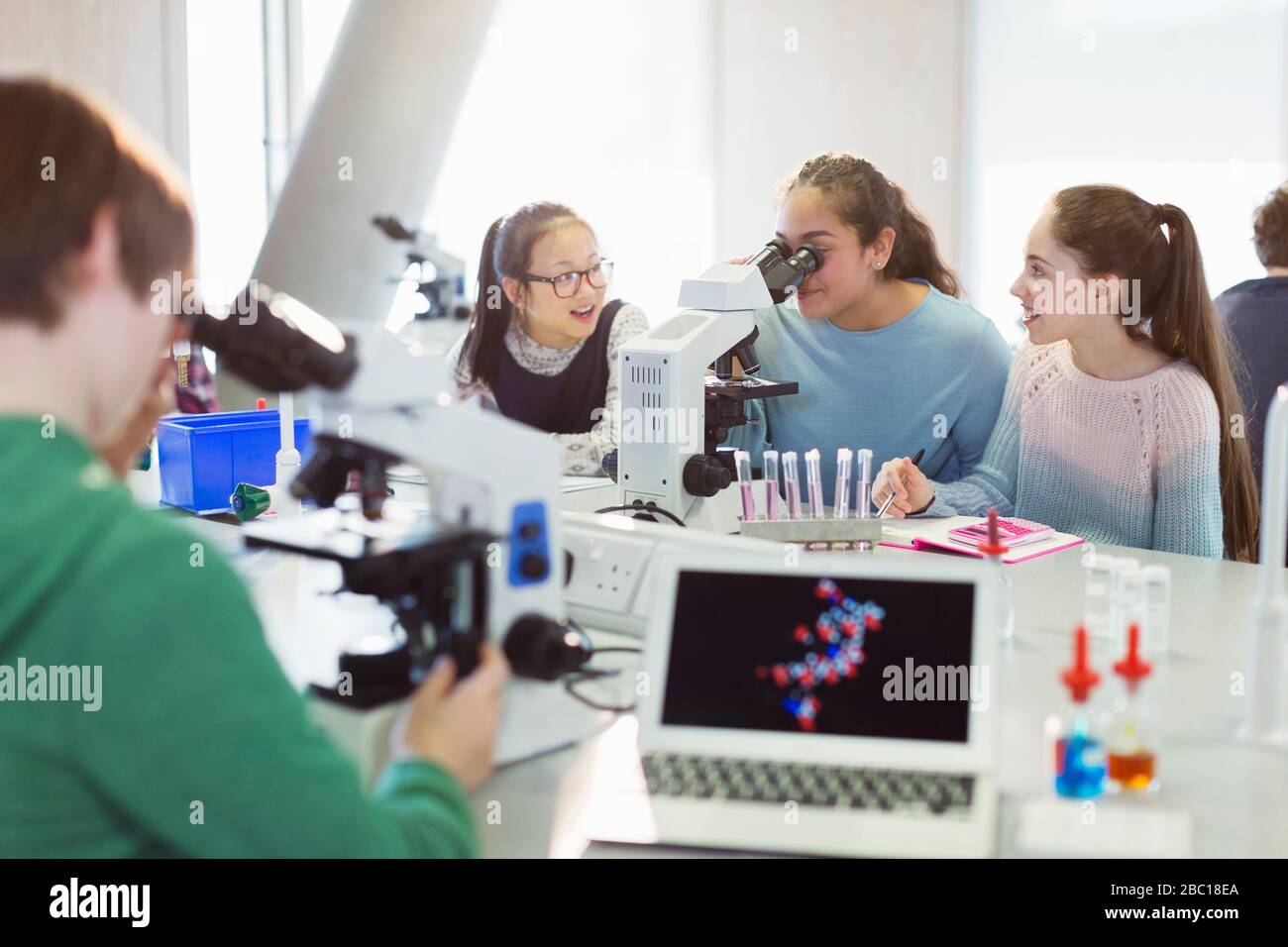 Studentesse al microscopio, conducendo esperimenti scientifici in classe di laboratorio Foto Stock