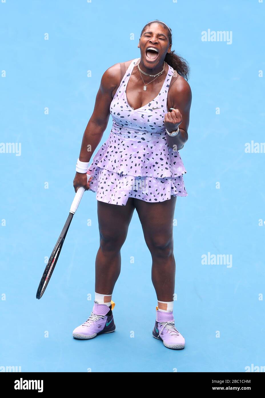 Il tennista americano Serena Williams (USA) festeggia durante il torneo di tennis Australian Open 2020, Melbourne Park, Melbourne, Victoria, Australia Foto Stock