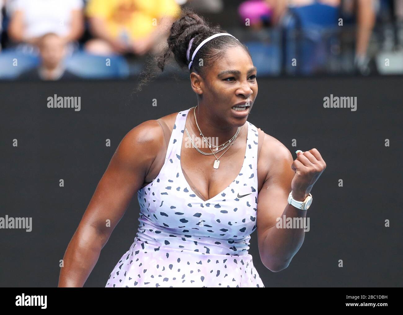 Il tennista americano Serena Williams (USA) festeggia durante il torneo di tennis Australian Open 2020, Melbourne Park, Melbourne, Victoria, Australia Foto Stock