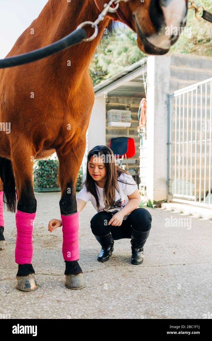 Adolescente con sindrome di Down prendersi cura del cavallo e preparare  cavallo a cavalcare Foto stock - Alamy