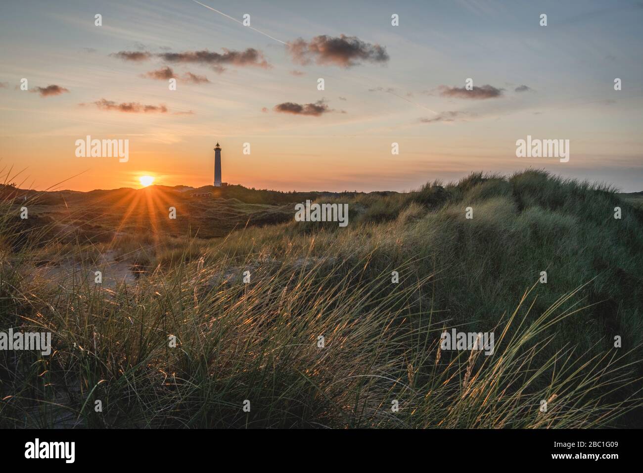 Danimarca, Hvide Sande, costa erbosa al tramonto con faro sullo sfondo Foto Stock