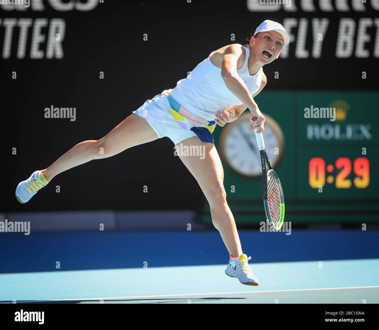 Il tennista rumeno Simona Halep è presente al torneo di tennis Australian Open 2020, Melbourne Park, Melbourne, Victoria, Australia Foto Stock
