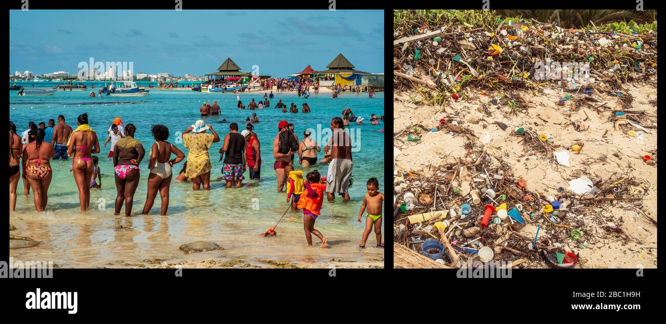 01-07-2019. Isola di San Andrés, Colombia. Folla di turisti a cayo Acuario e le conseguenze dirette in una spiaggia a un quarto di miglio di distanza Foto Stock