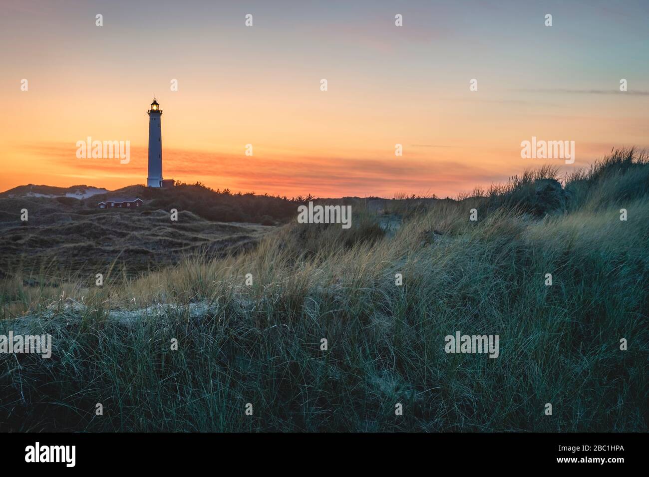 Danimarca, Hvide Sande, costa erbosa al crepuscolo con faro sullo sfondo Foto Stock