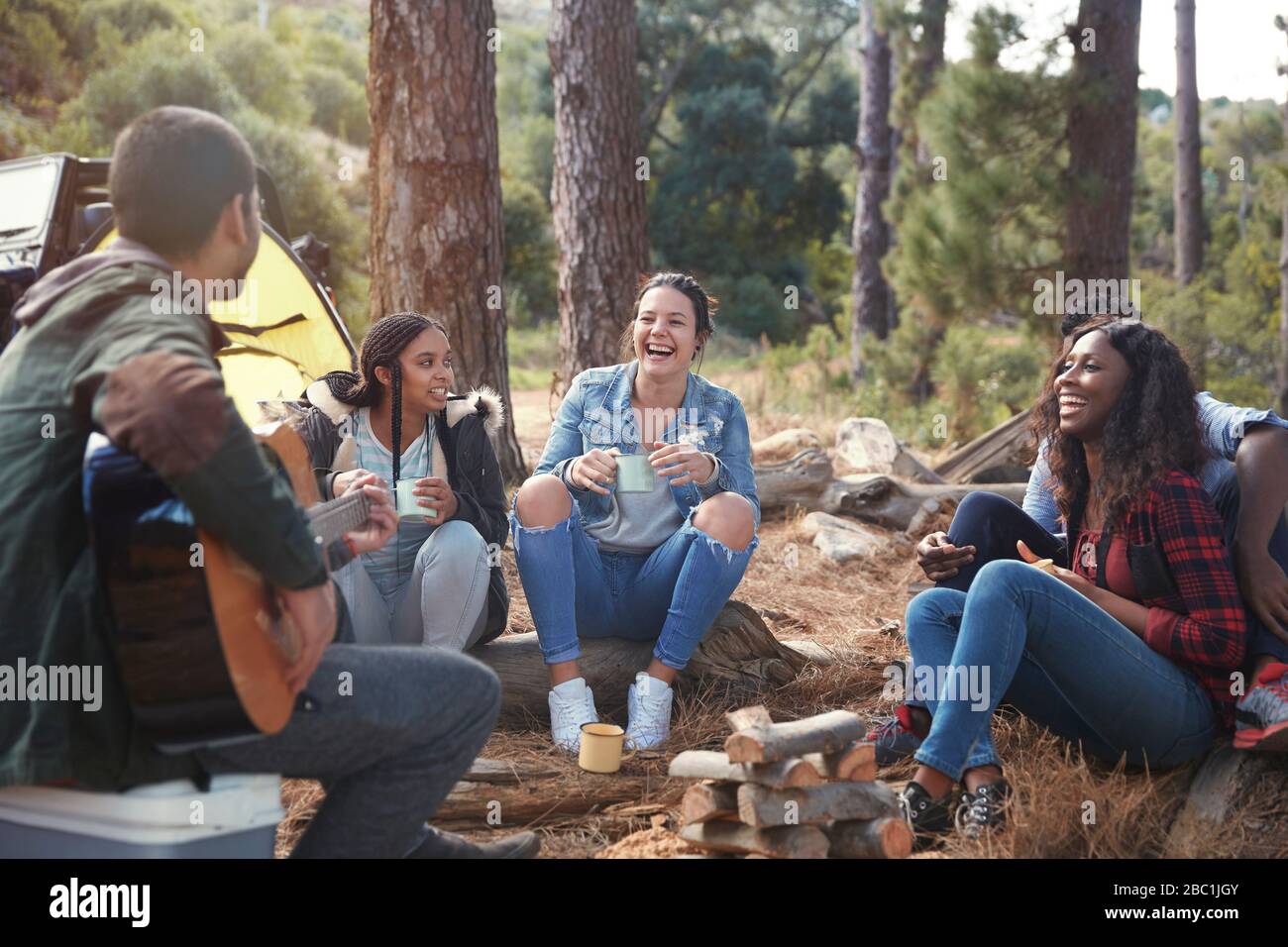 Giovani amici che ridono, appendere fuori al campeggio Foto Stock