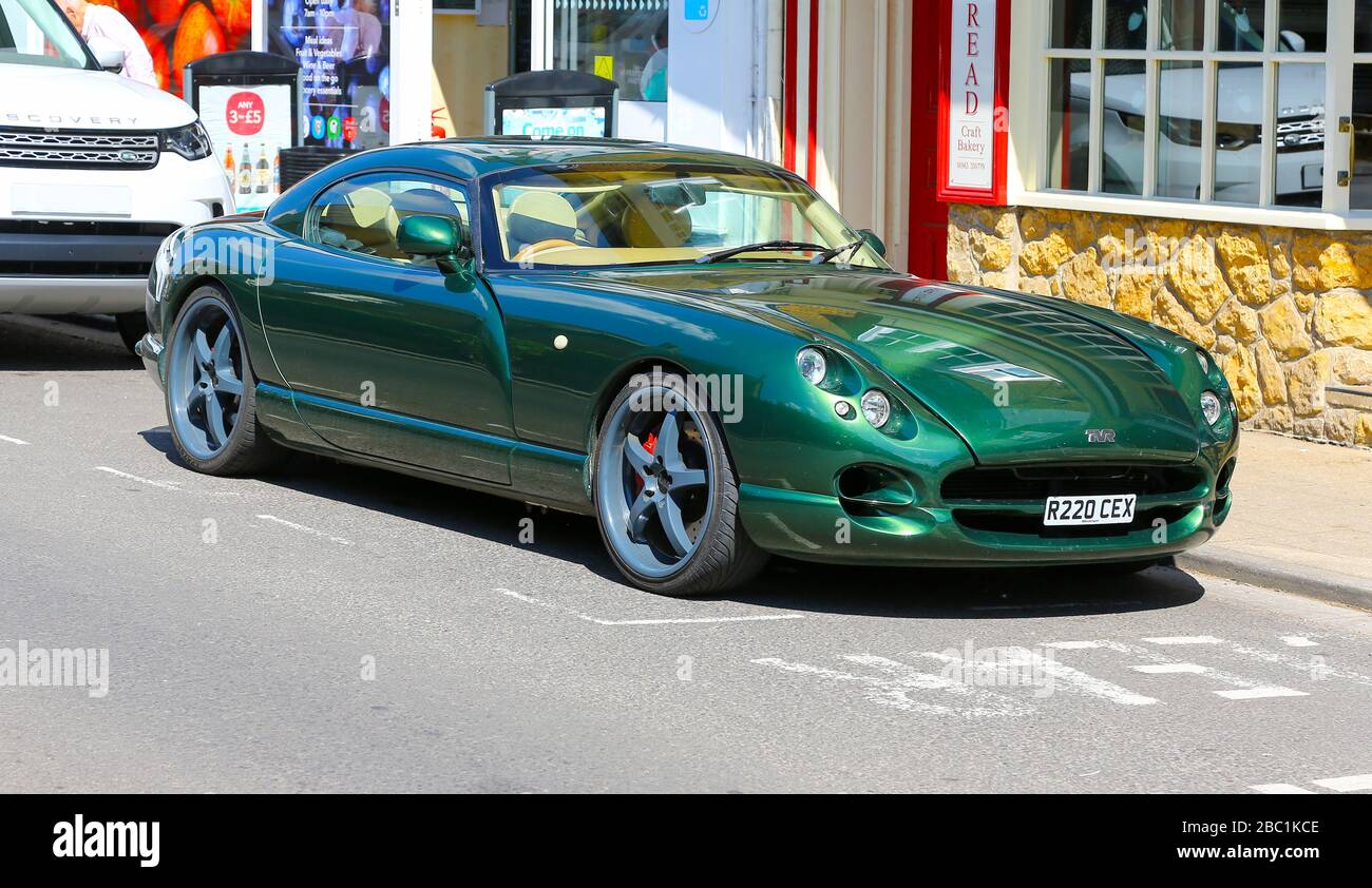 Una vettura sportiva verde TVR Cerbera, Somerset, Inghilterra, Regno Unito Foto Stock