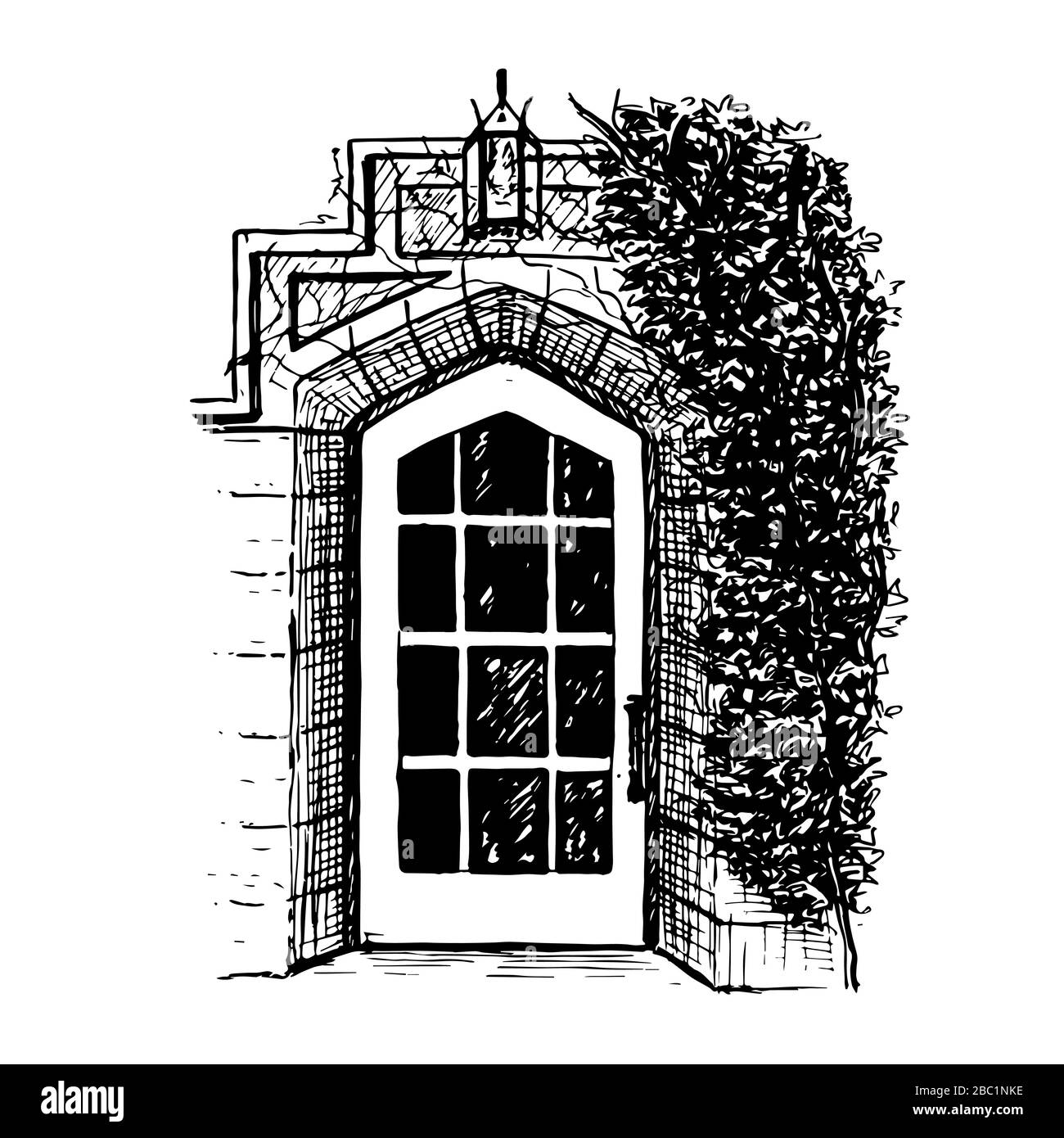 Una porta ad arco in stile francese in stile vintage con una silhouette a tempo. Lampada, albero, muro in mattoni. Illustrazione disegnata a mano. Penna a inchiostro Illustrazione Vettoriale