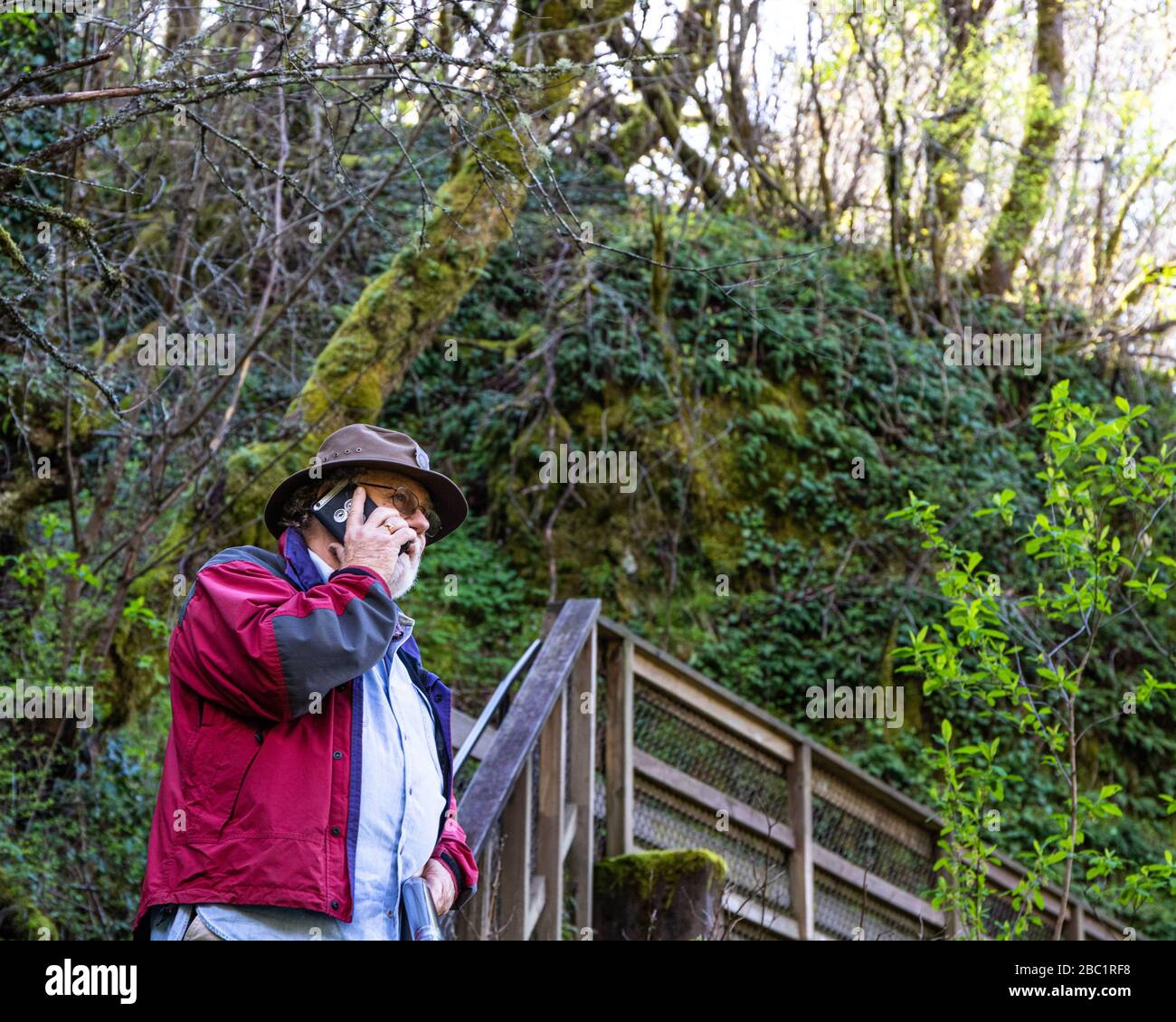 Il maschio anziano sta parlando sul suo telefono delle cellule all'esterno nella natura Foto Stock