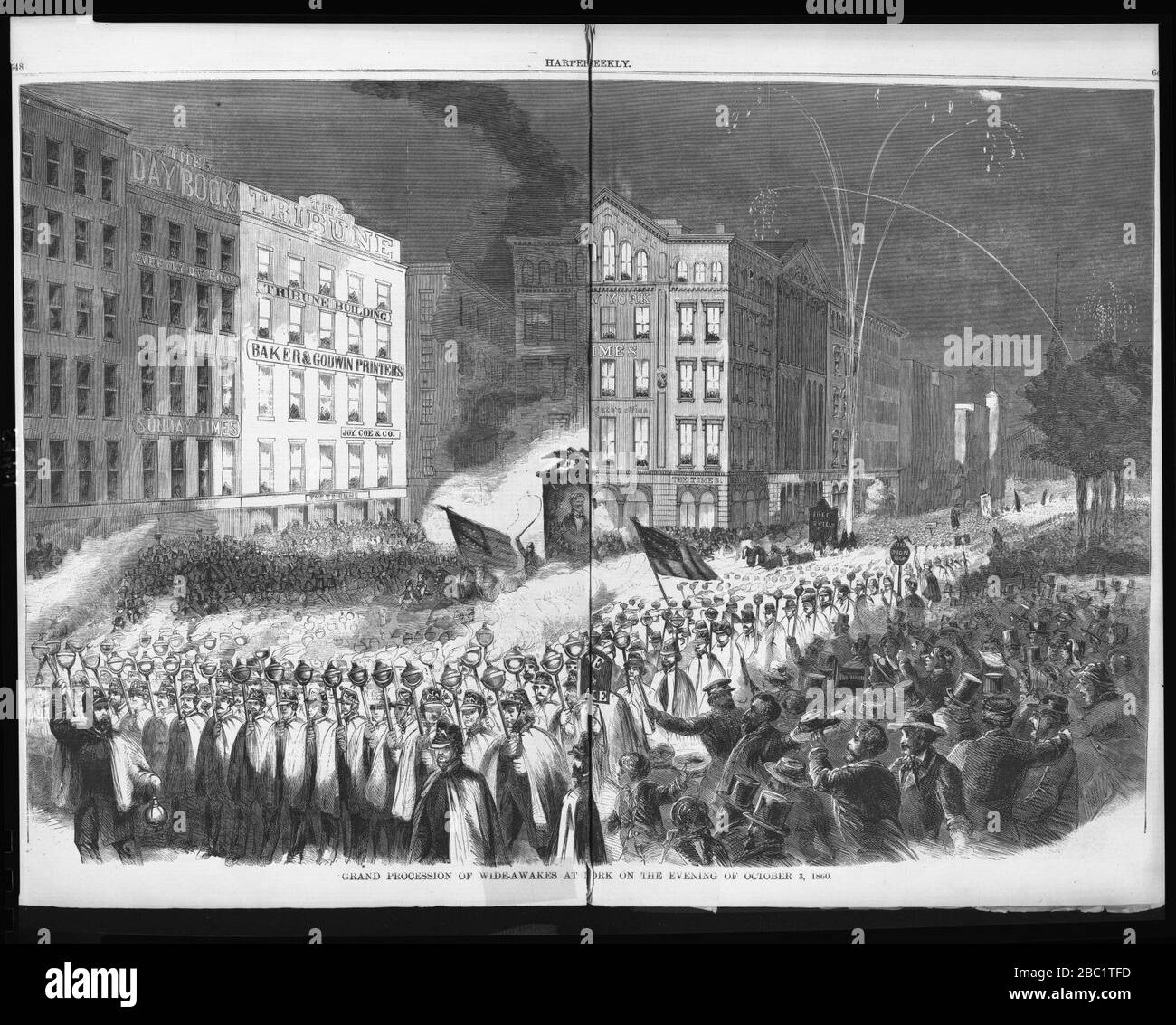 Grande processione di grandi-awakes a New York la sera del 3 ottobre 1860. Grandi awakes repubblicani in N.Y. - Campagna Lincoln-Hamlin (Printing-House Square (Park Row e Nassau St.)) Foto Stock