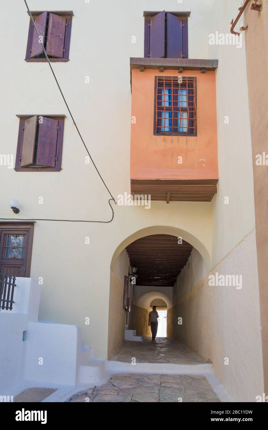 Vicolo lastricato di Ano Syros in Syros isola, Cicladi, Grecia. Vista sulla strada Foto Stock