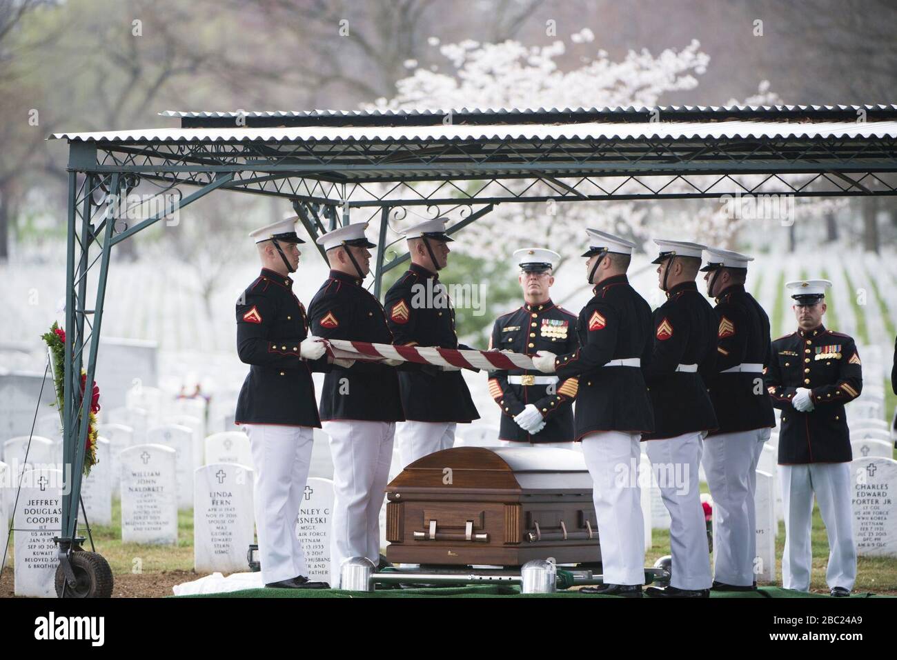 Servizio Graveside per U.S. Marine Pvt. Harry K. Tye, ucciso durante la battaglia di Tarawa nella seconda guerra mondiale, si svolge presso il Cimitero Nazionale di Arlington (33719825505). Foto Stock