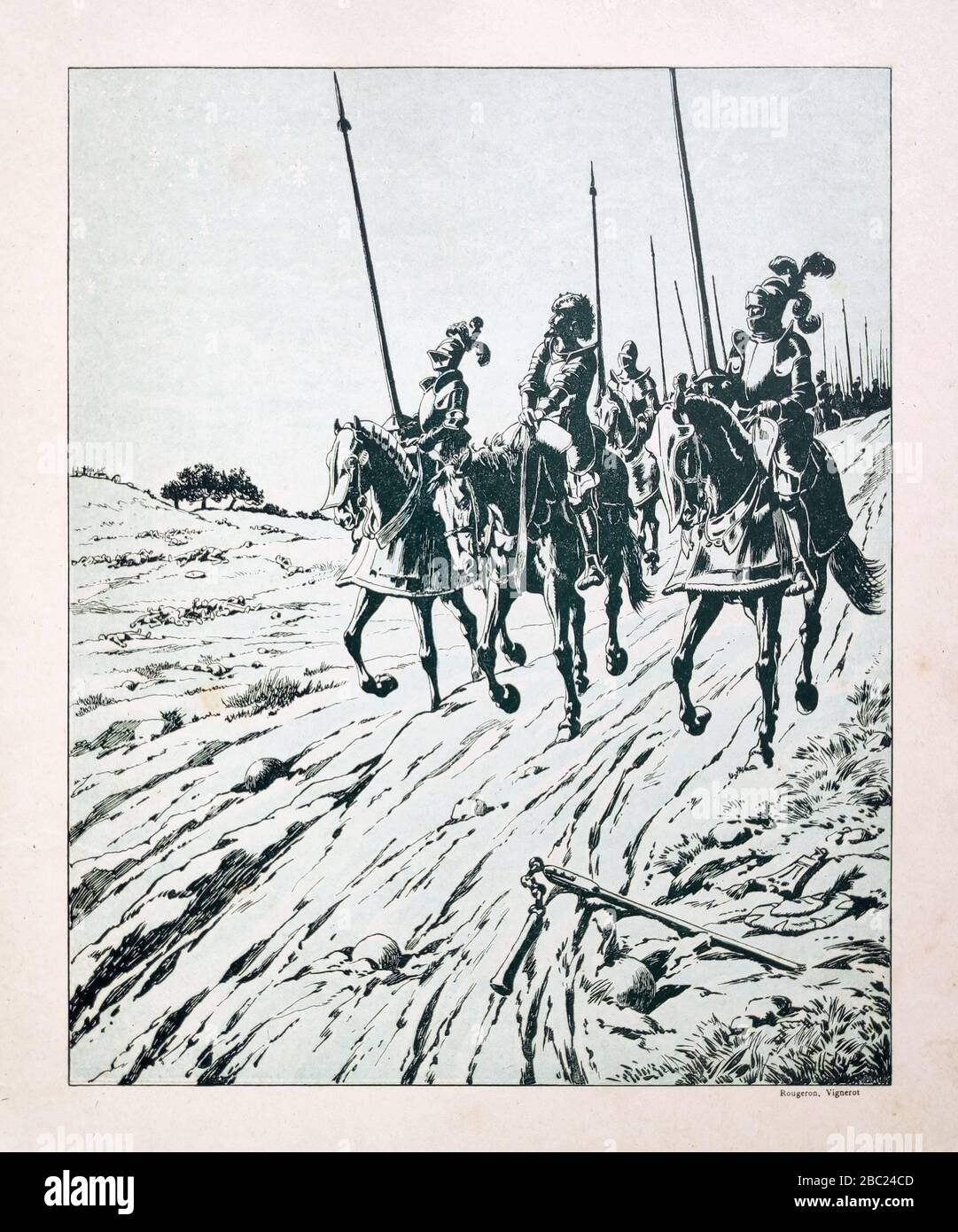 Illustrazione dei cavalieri che vanno in battaglia da Rougeron & Vigneron pubblicato nel tardo 19th secolo. Foto Stock