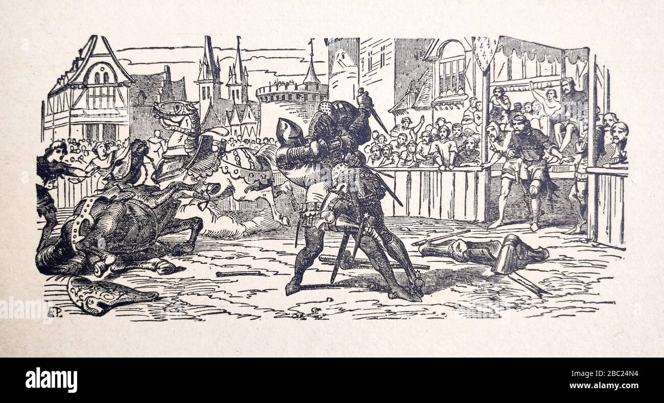 Illustrazione di un duello cavaliere di EP. Pubblicato alla fine del 19th secolo. Foto Stock