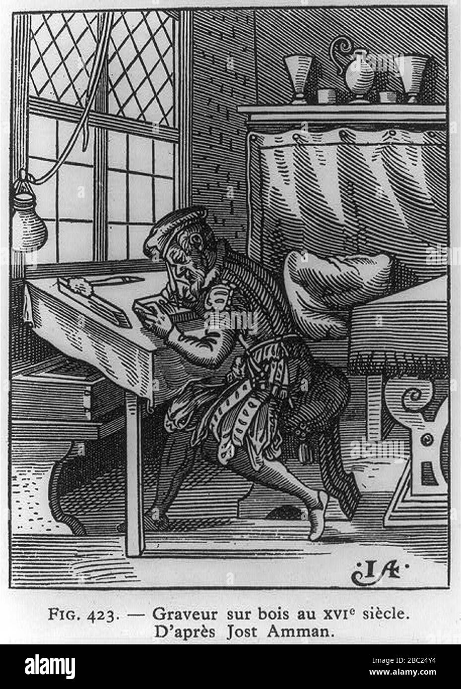 Graveur sur bois au XVIe siècle - d'aprés Jost Amman. Foto Stock