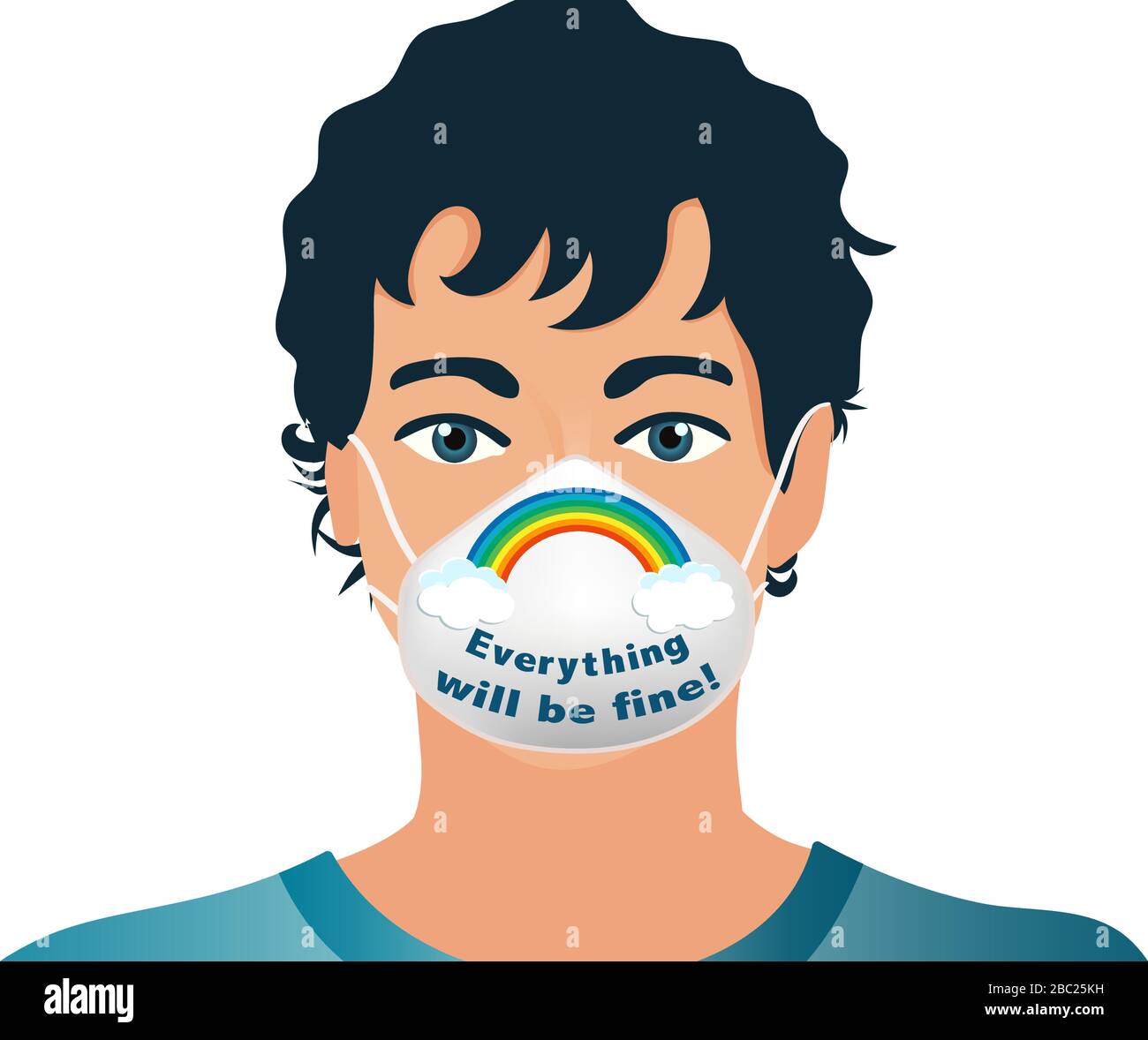 Ritratto uomo isolato proteggere se stesso con maschera medica con slogan scritto campagna sociale - tutto sarà bene - Coronavirus concetto Illustrazione Vettoriale