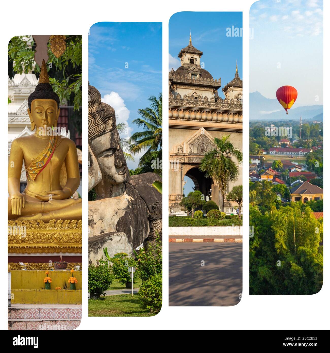 Collage di destinazioni turistiche popolari in Laos. Sfondo del viaggio. Sud-est asiatico. Foto Stock
