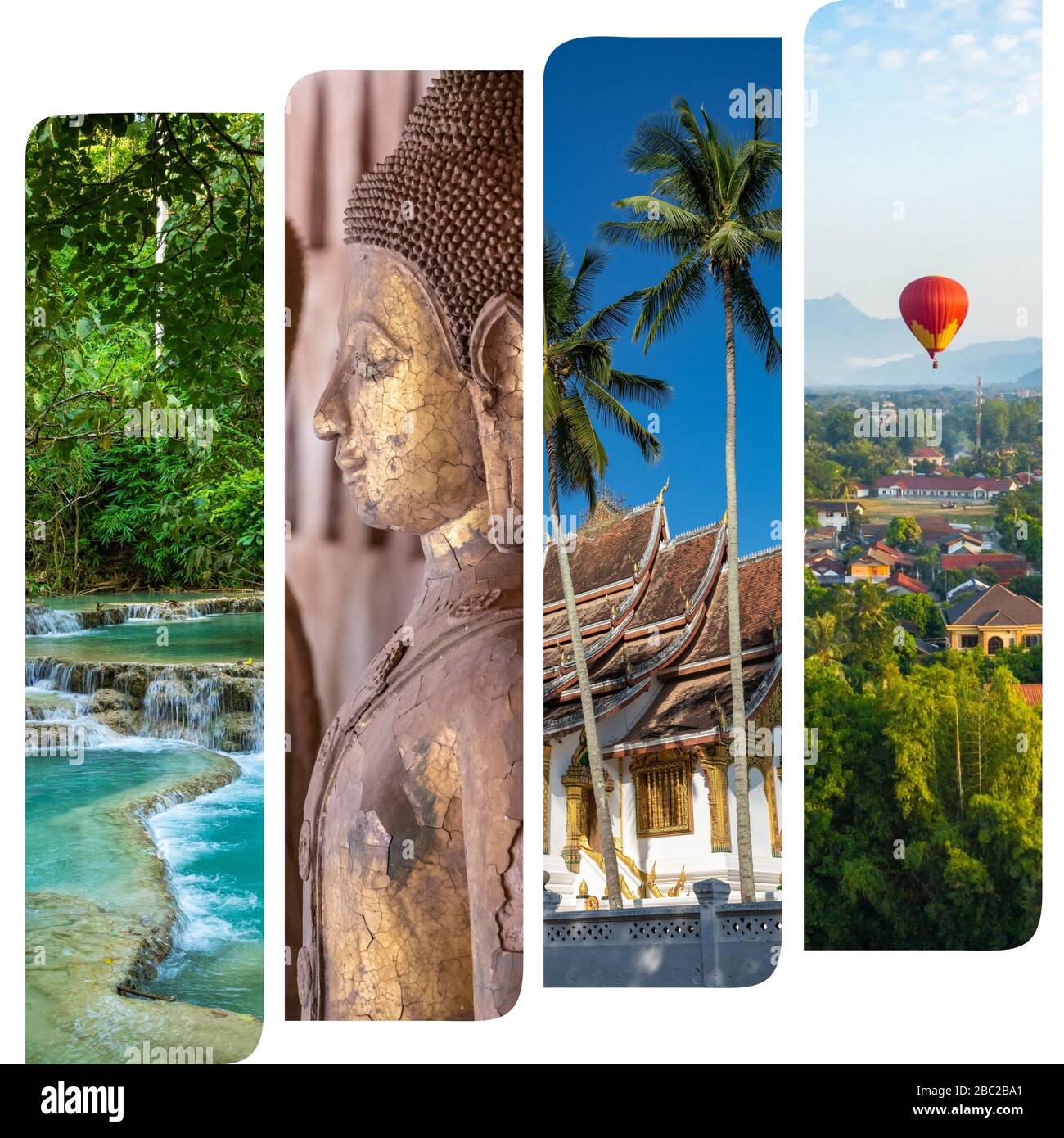 Collage di destinazioni turistiche popolari in Laos. Sfondo del viaggio. Sud-est asiatico. Foto Stock