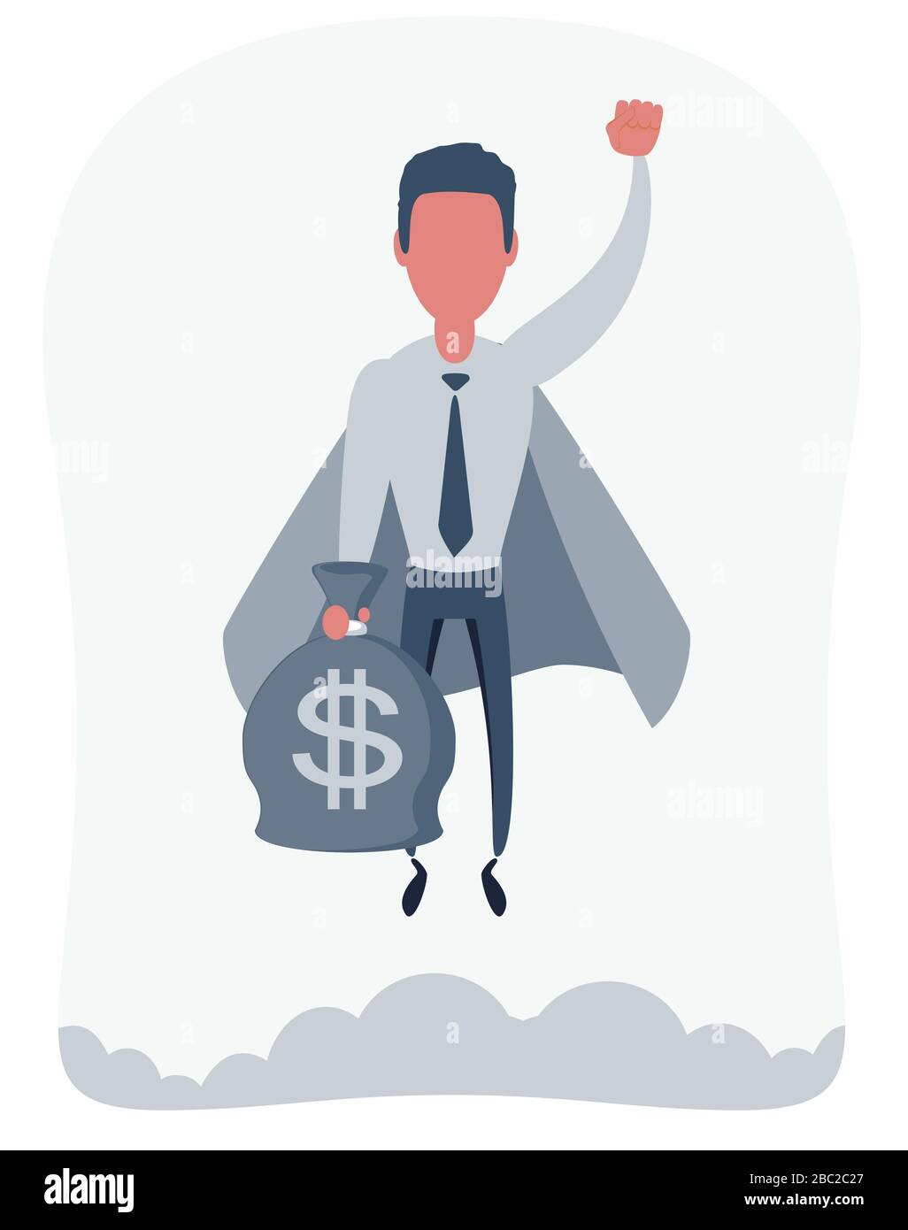 Il supereroe degli uomini d'affari vola con il sacchetto del moneybag. Il potere e l'unicità del concetto di business Illustrazione Vettoriale