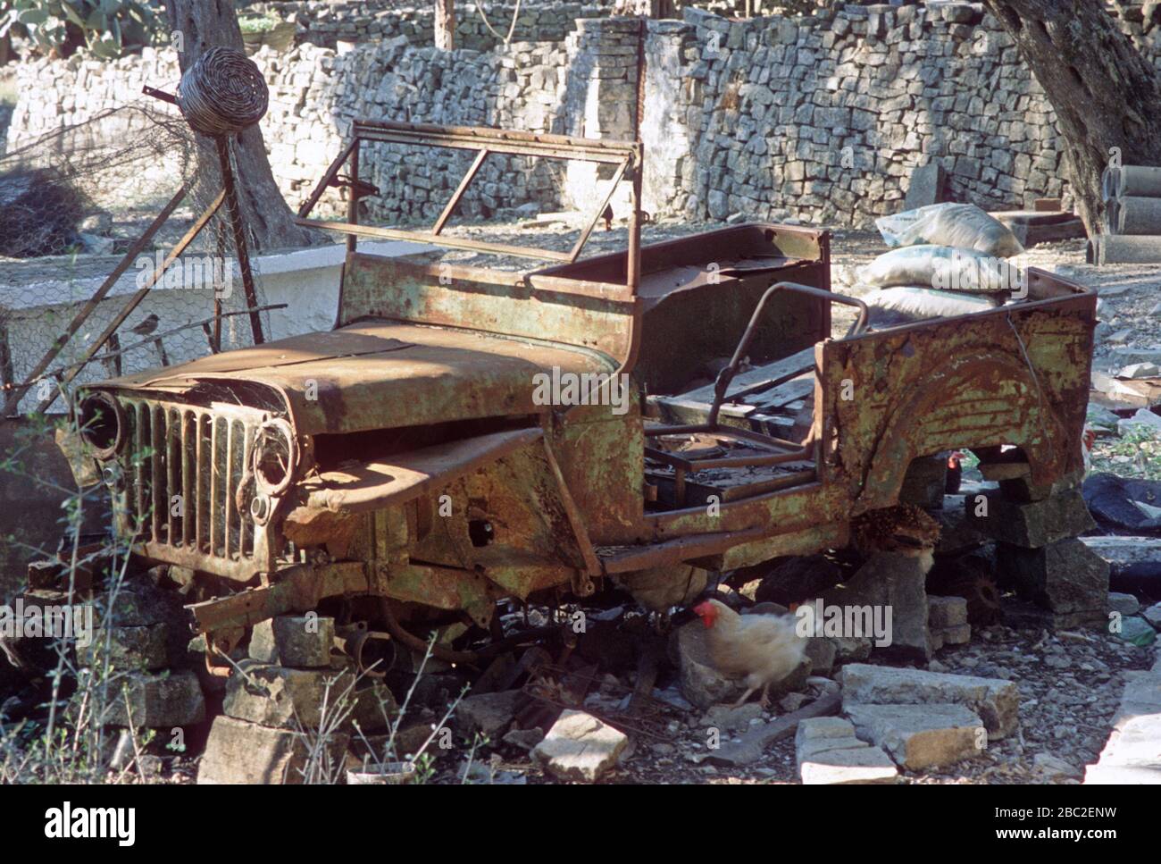 Resti arrugginiti di una jeep, abbandonati in una fattoria sull'isola di Paxos, in Grecia. Mostrare la griglia del radiatore e i fori dove si trovano i fari e cosa rimane del sedile e del parabrezza. Un pollo cammina sotto il telaio. Foto Stock
