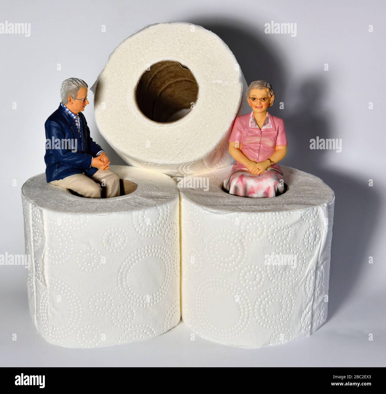 Penne figurine in miniatura sedute su rotoli di carta igienica su sfondo bianco Foto Stock