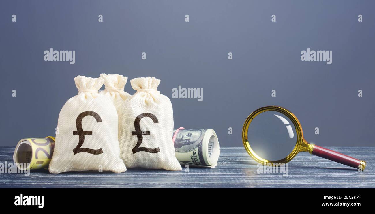 Sterlina borse di denaro e lente d'ingrandimento. Monitoraggio finanziario delle transazioni in contanti sospette. Investimento redditizio, pagamento dividendi. Ricerca Foto Stock