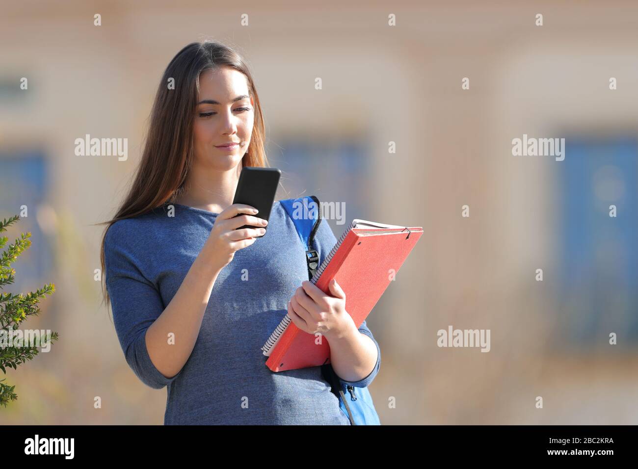 Serio studente in piedi in possesso di cartelle di controllo smartphone in un campus una giornata di sole Foto Stock