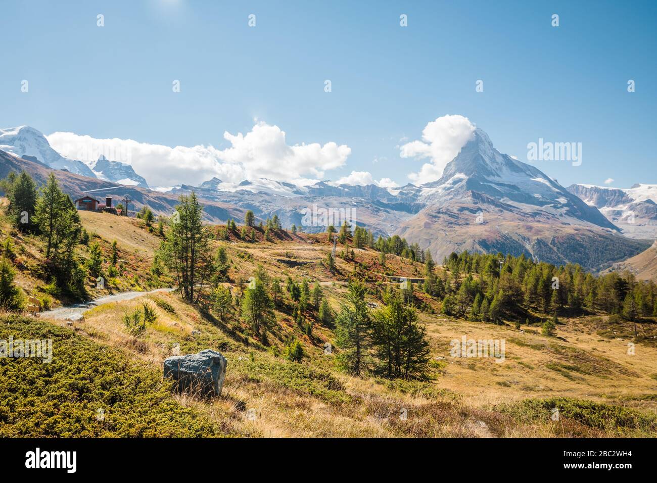 Bella strada sul prato con alberi vicino Matternhorn in alpi svizzere montagne vicino a Zermatt città Foto Stock