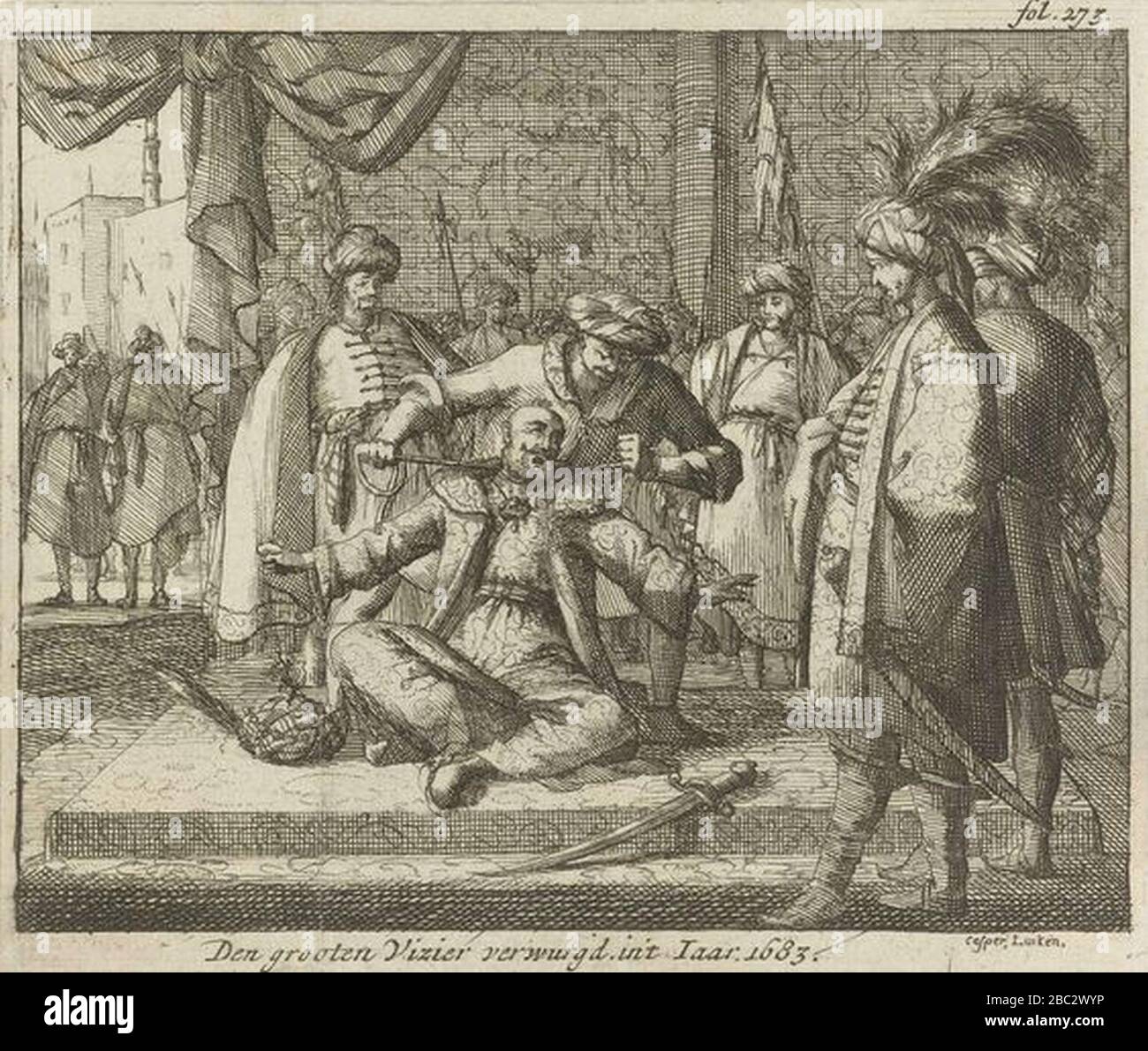 Grootvizier Kara Mustafa ha incontrato een zijden koord gewurgd 1683 Caspar Luyken 1689. Foto Stock