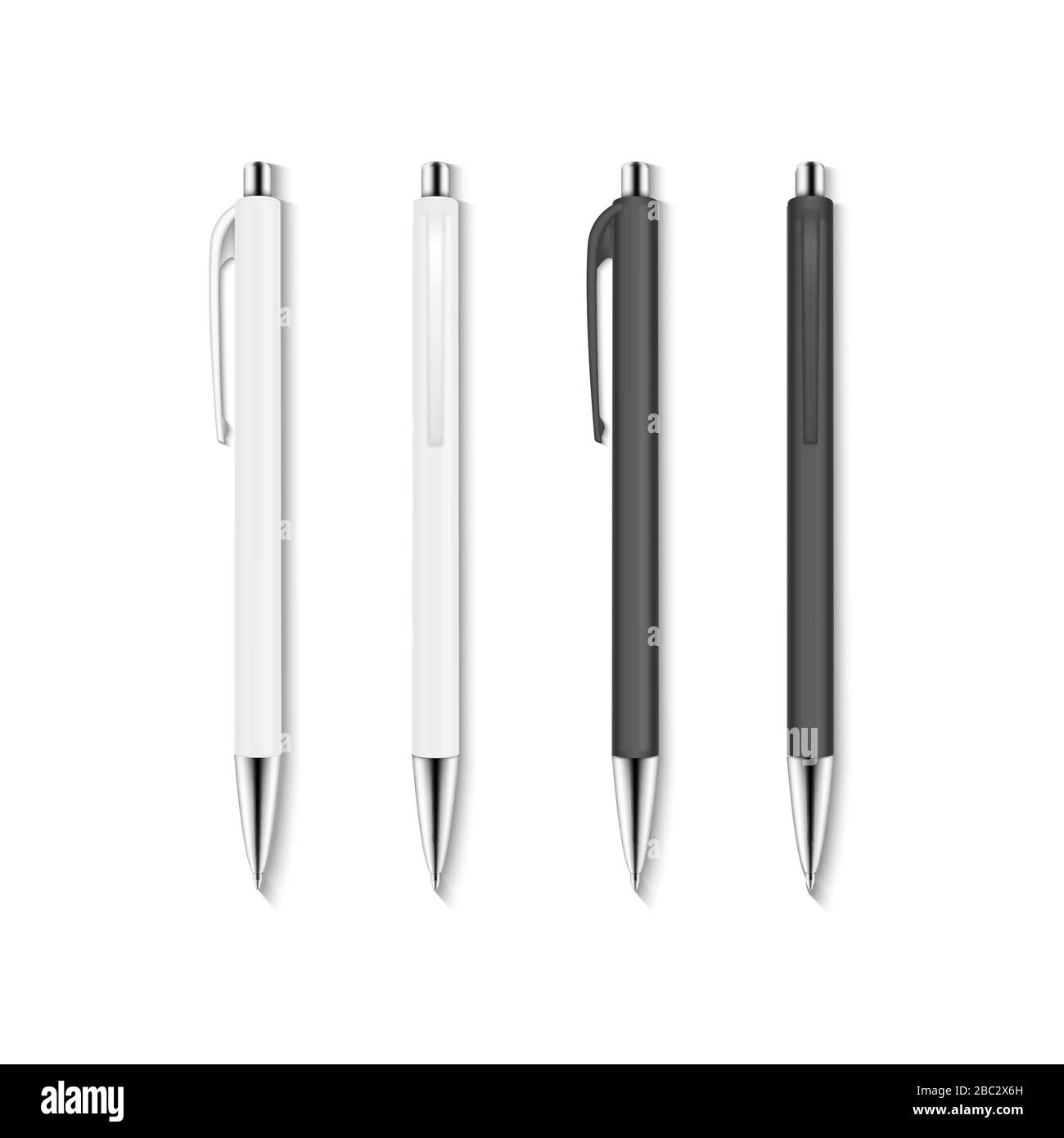 Set vettoriale realistico di penne automatiche a sfera bianche e nere. Illustrazione Vettoriale