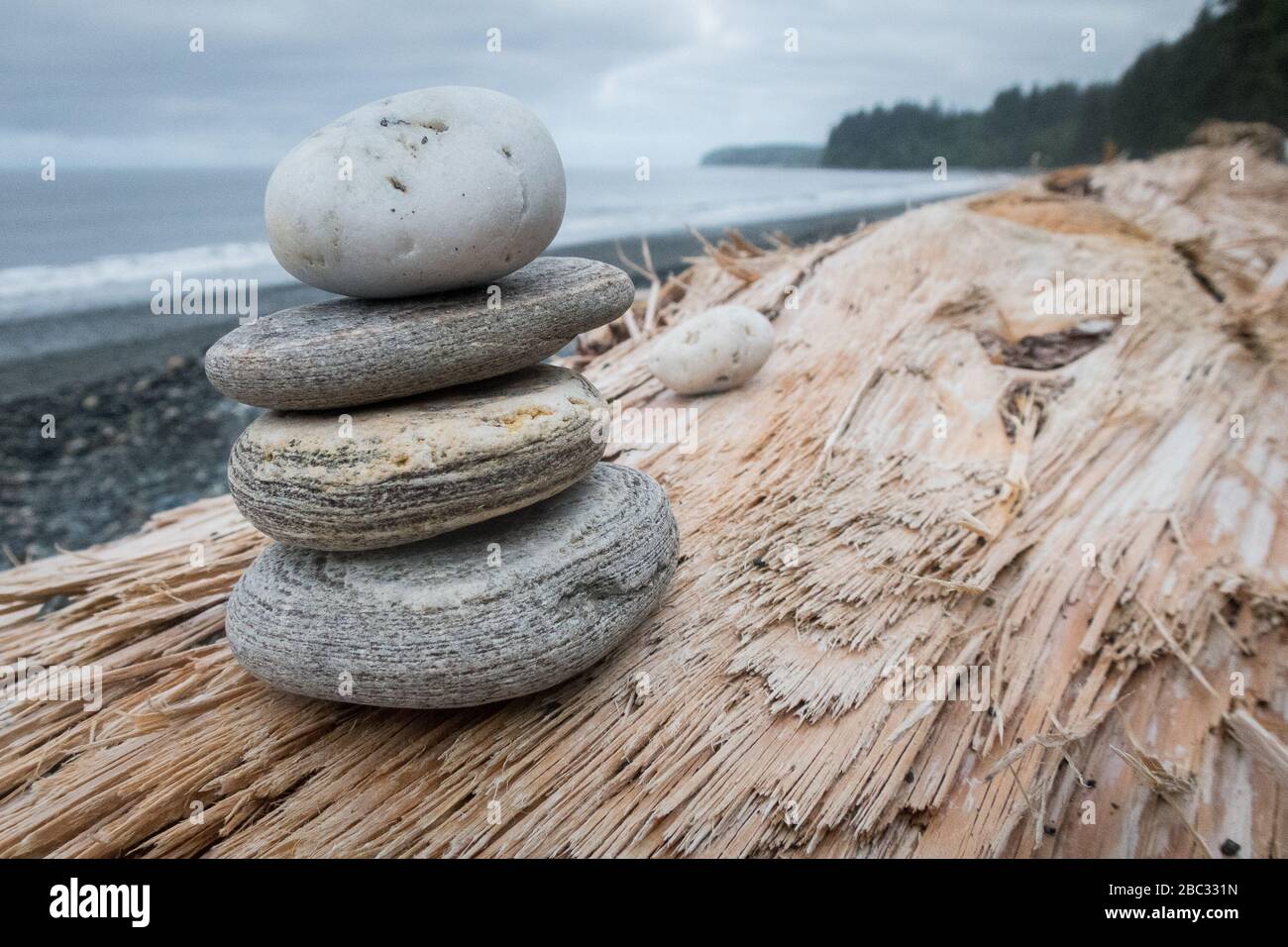 Una pila di rocce si trova su un ceppo bianco su una spiaggia rocciosa a Port Renfrew, British Columbia, Canada. Foto Stock