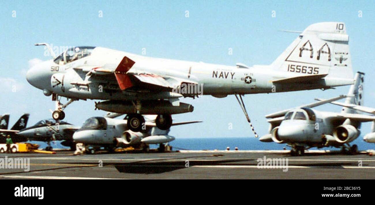 Grumman A-6E Intruder di VA-75 atterra su USS Enterprise (CVN-65) il 9 settembre 1996 (6507871). Foto Stock