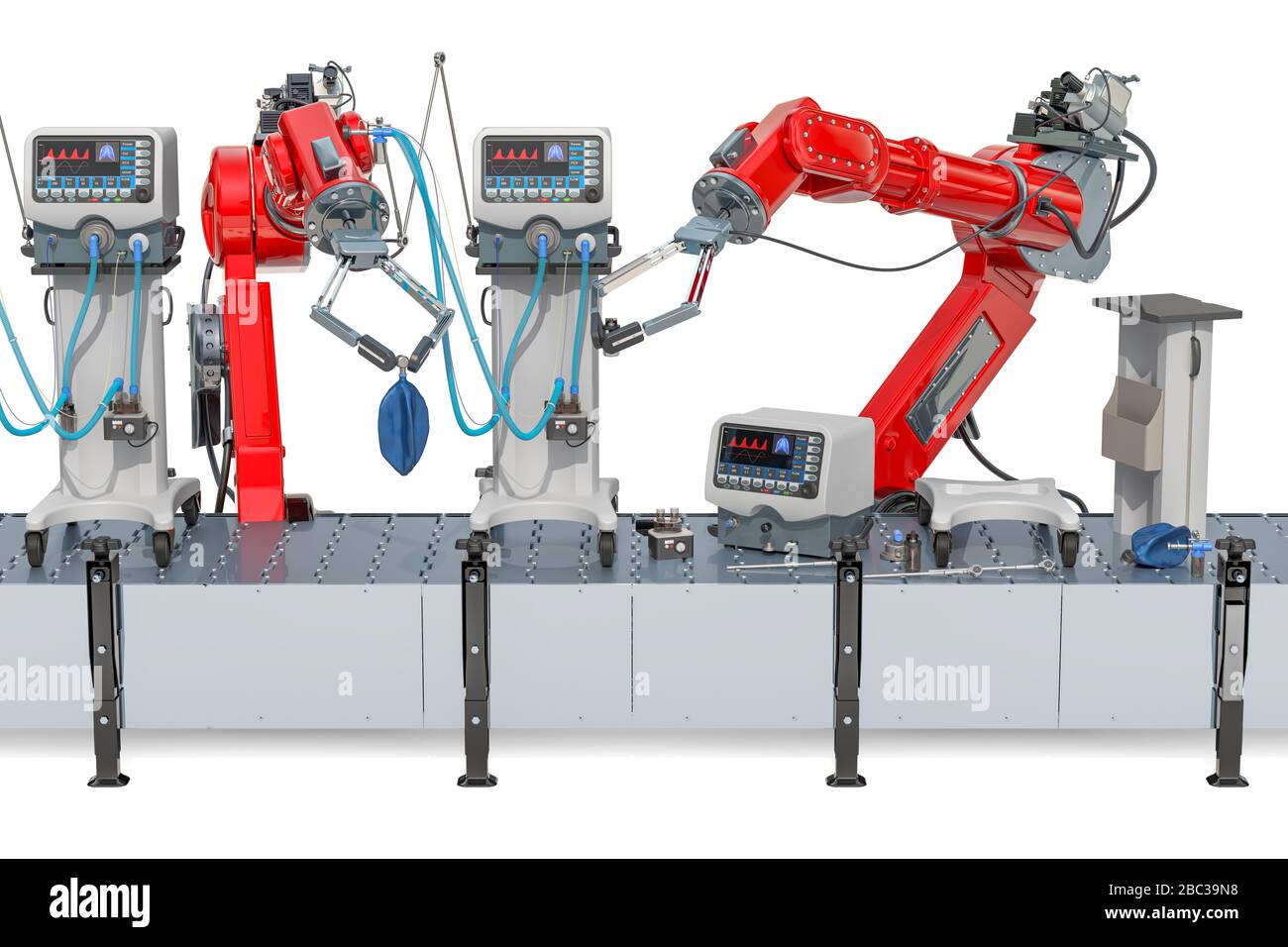 Produzione di bracci robotizzati per ventilatore medicale, ICU. Rendering 3D isolato su sfondo bianco Foto Stock