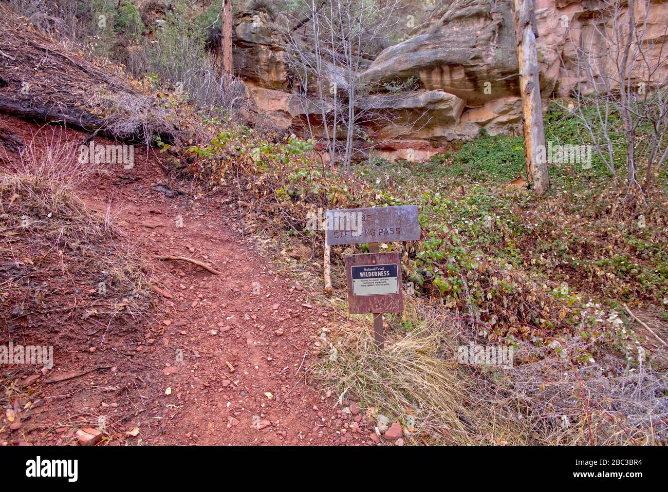 Un cartello in metallo arrugginito messo in su dal servizio nazionale della foresta che segna l'inizio del percorso di Sterling Pass a nord di Sedona Arizona. Foto Stock
