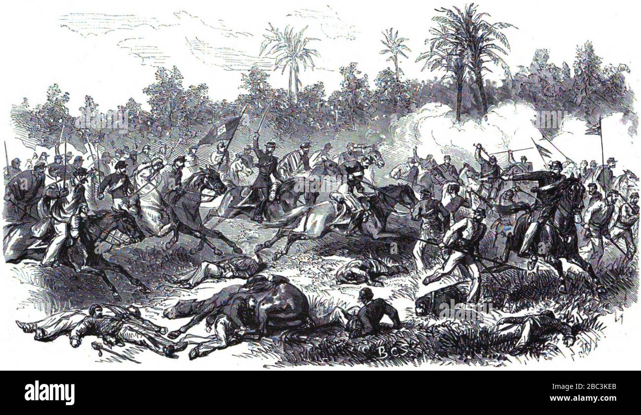 Guerre du Paraguay. - Combat et Peru-Huê, près de Rio-Hondo (3 août 1867). Charge de cavalerie brésiliene du général Andrade Neves. Foto Stock