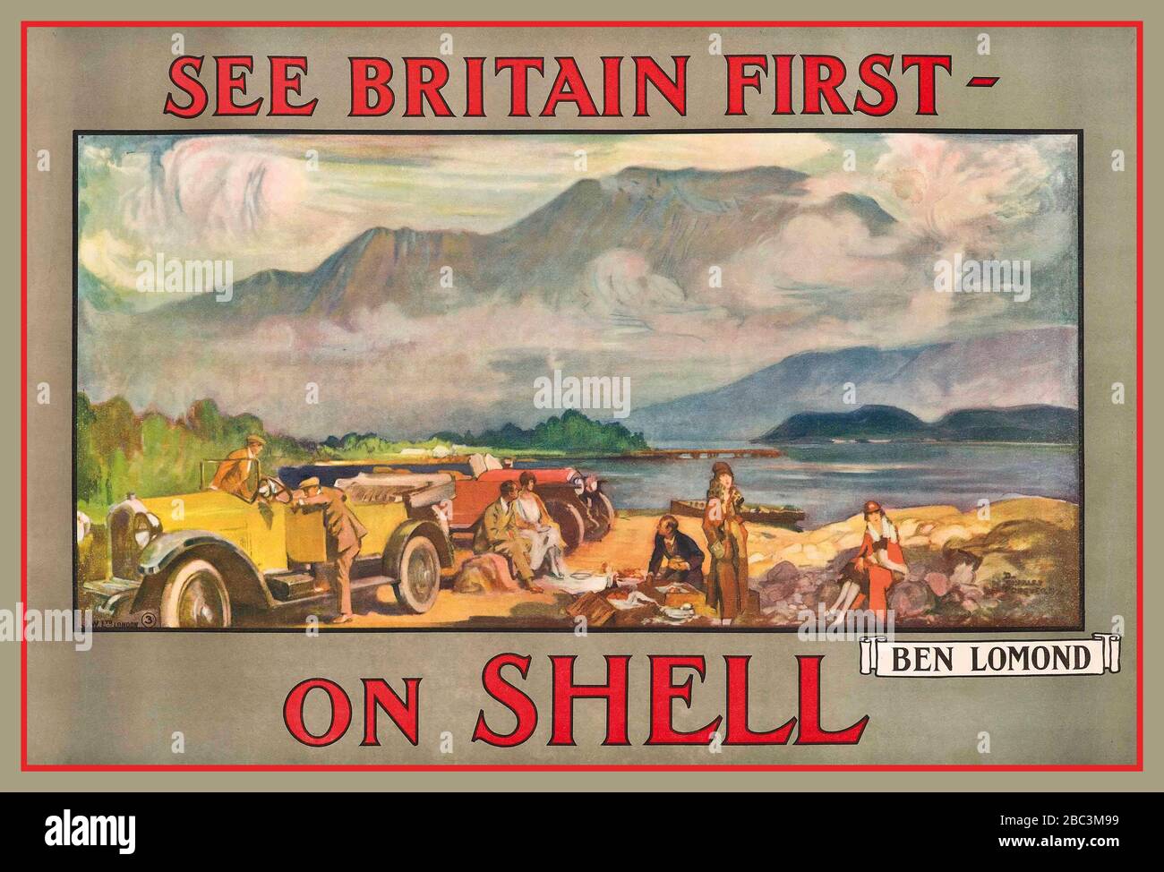 Archivio d'epoca Poster Advertising for Shell Petroleum "SEE BRITAIN FIRST - ON SHELL", litografia offset "BEN LOMOND" a colori, 1925, stampata da John Waddington, Londra, Charles D. Fouqueray (1869-1956) Foto Stock