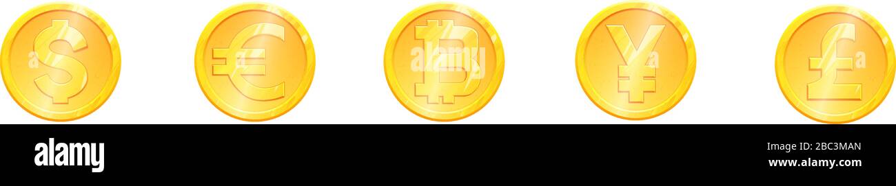 Set di simboli monete d'oro in valuta mondiale. Principali valute dollaro euro yen libbra bitcoin . Concetto di investimento finanziario. Illustrazione di Exchange Money banking. Guadagni di reddito di affari. Vettore dei segni finanziari. Illustrazione Vettoriale
