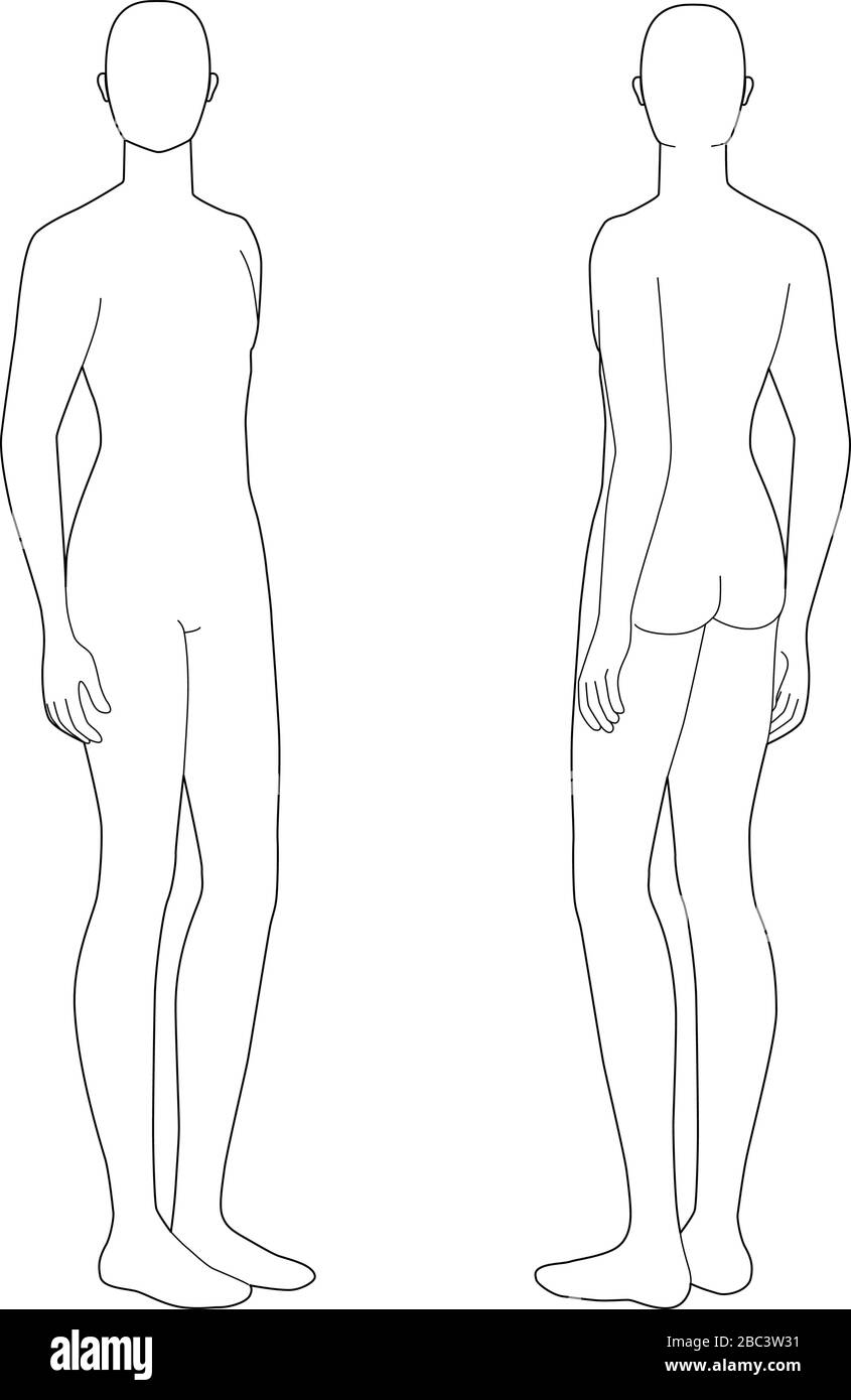 Modello di moda di uomini in piedi. 9 dimensioni testa per disegno tecnico con e senza linee principali. I signori sono una vista frontale e una vista posteriore. Vettore contorno ragazzo per moda schizzo e illustrazione. Illustrazione Vettoriale
