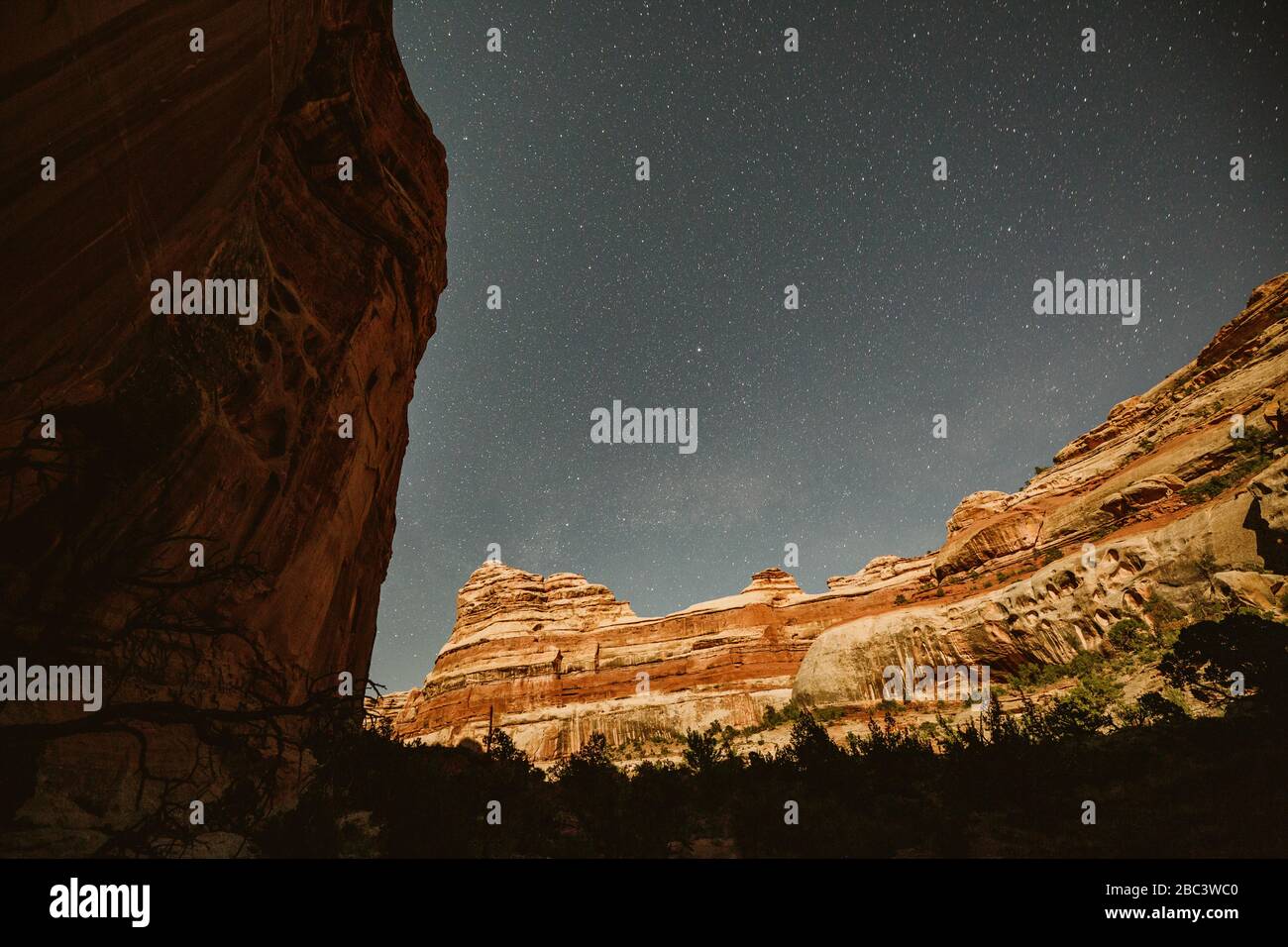 moonlight sulle pareti del canyon dalla base del labirinto di notte Foto Stock