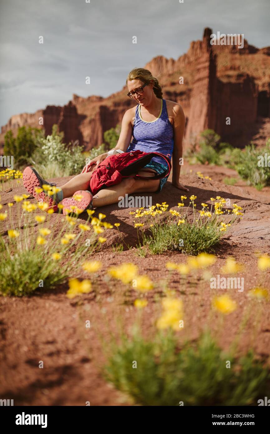 tranquillo escursionista medita la vita in mezzo giallo deserto fiore sotto roccia rossa Foto Stock