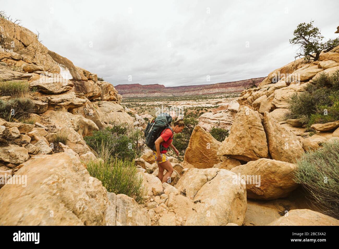 escursioni per backpacker femminili su terreni rocciosi nel deserto dello utah Foto Stock